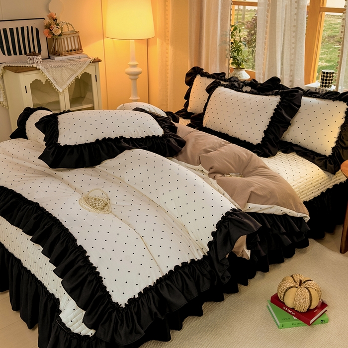 91家纺网 家纺一手货源 找家纺 大麦家纺 2026新款水洗古棉床盖印花四件套 小波点