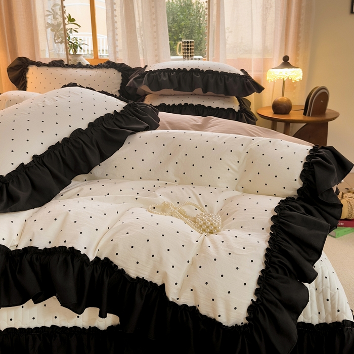 91家纺网 家纺一手货源 找家纺 大麦家纺 2026新款水洗古棉床盖印花四件套 小波点