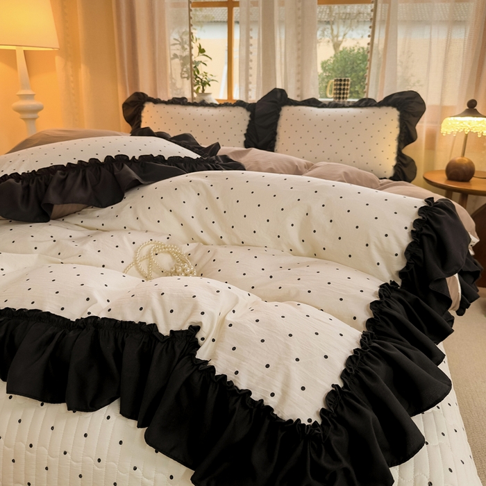 91家纺网 家纺一手货源 找家纺 大麦家纺 2026新款水洗古棉床盖印花四件套 小波点