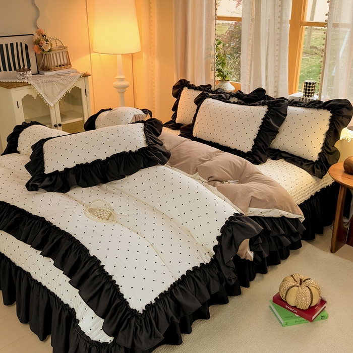 91家纺网 家纺一手货源 找家纺 大麦家纺 2026新款水洗古棉床盖印花四件套 小波点