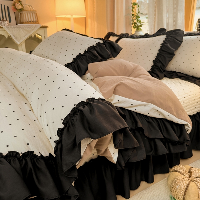 91家纺网 家纺一手货源 找家纺 大麦家纺 2026新款水洗古棉床盖印花四件套 小波点