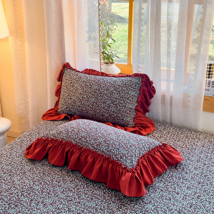 91家纺网 家纺一手货源 找家纺 大麦家纺 2026新款水洗古棉床盖印花四件套 野牧红