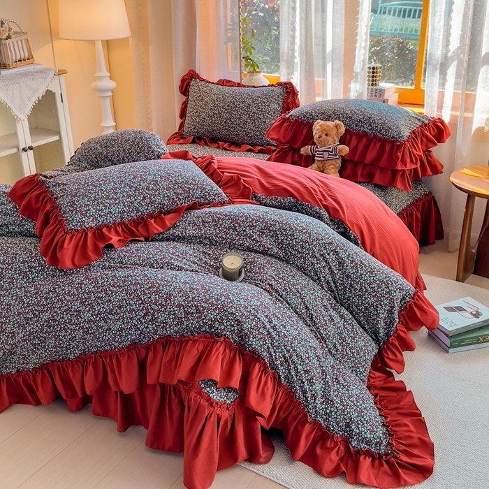 91家纺网 家纺一手货源 找家纺 大麦家纺 2026新款水洗古棉床盖印花四件套 野牧红