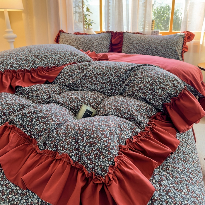 91家纺网 家纺一手货源 找家纺 大麦家纺 2026新款水洗古棉床盖印花四件套 野牧红