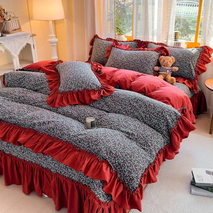 91家纺网 家纺一手货源 找家纺 大麦家纺 2026新款水洗古棉床盖印花四件套 野牧红