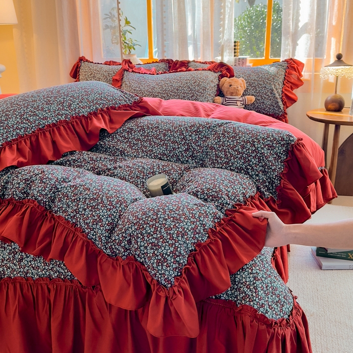 大麦家纺 2026新款水洗古棉床盖印花四件套 野牧红