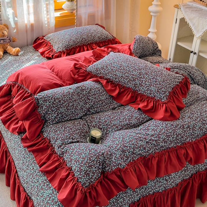 91家纺网 家纺一手货源 找家纺 大麦家纺 2026新款水洗古棉床盖印花四件套 野牧红