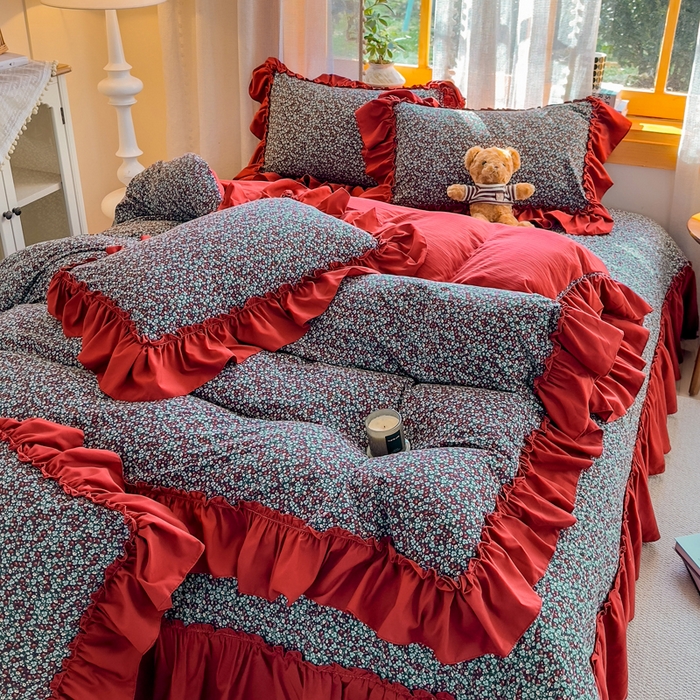 91家纺网 家纺一手货源 找家纺 大麦家纺 2026新款水洗古棉床盖印花四件套 野牧红