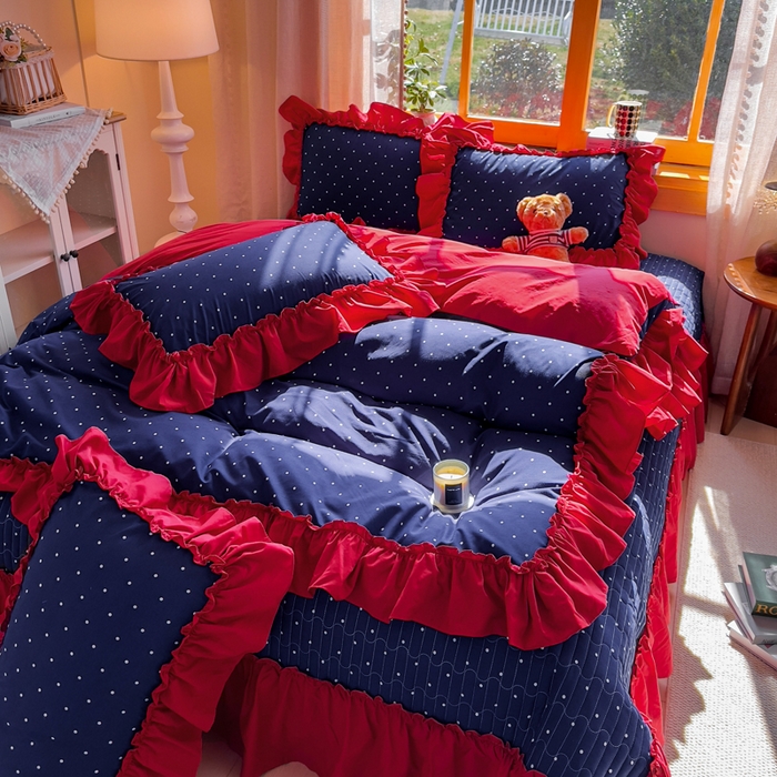 91家纺网 家纺一手货源 找家纺 大麦家纺 2026新款水洗古棉床盖印花四件套 一点点蓝