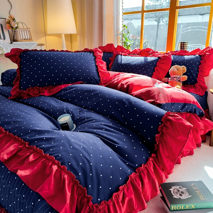 91家纺网 家纺一手货源 找家纺 大麦家纺 2026新款水洗古棉床盖印花四件套 一点点蓝