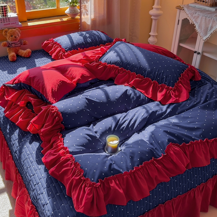 91家纺网 家纺一手货源 找家纺 大麦家纺 2026新款水洗古棉床盖印花四件套 一点点蓝