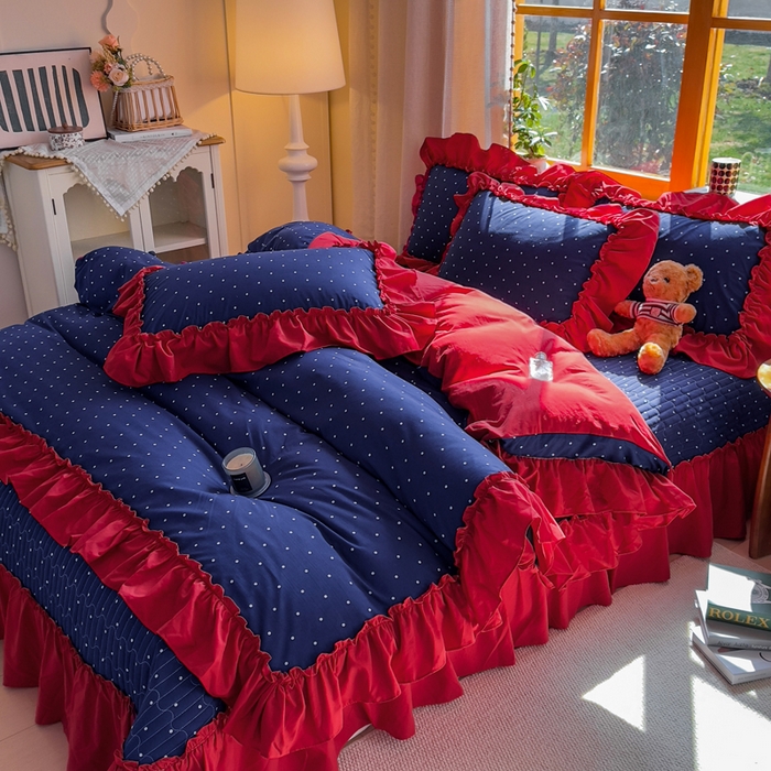 91家纺网 家纺一手货源 找家纺 大麦家纺 2026新款水洗古棉床盖印花四件套 一点点蓝