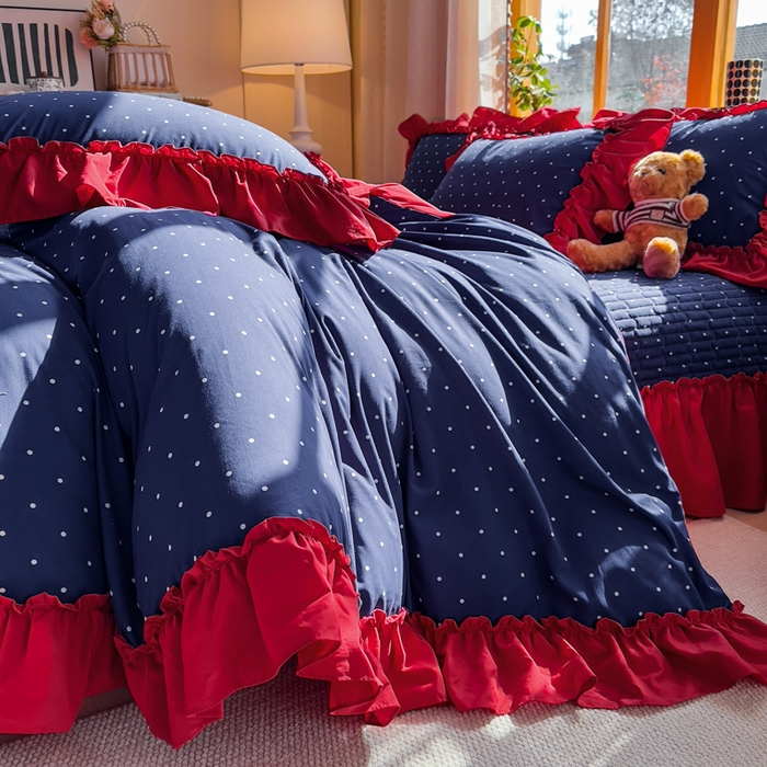 91家纺网 家纺一手货源 找家纺 大麦家纺 2026新款水洗古棉床盖印花四件套 一点点蓝