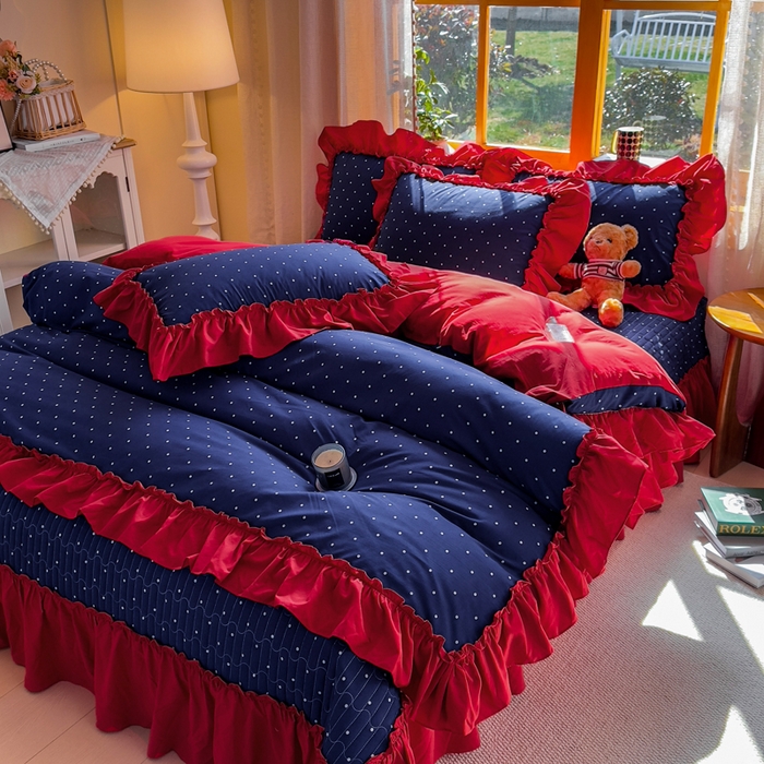 91家纺网 家纺一手货源 找家纺 大麦家纺 2026新款水洗古棉床盖印花四件套 一点点蓝