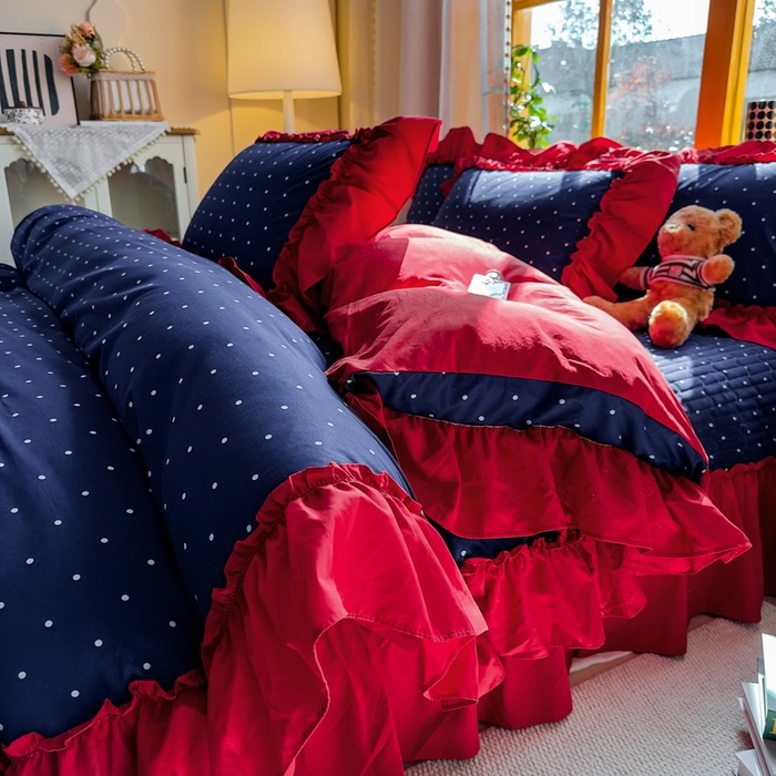 91家纺网 家纺一手货源 找家纺 大麦家纺 2026新款水洗古棉床盖印花四件套 一点点蓝