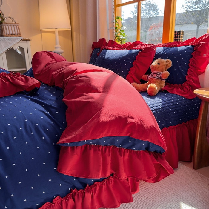 91家纺网 家纺一手货源 找家纺 大麦家纺 2026新款水洗古棉床盖印花四件套 一点点蓝