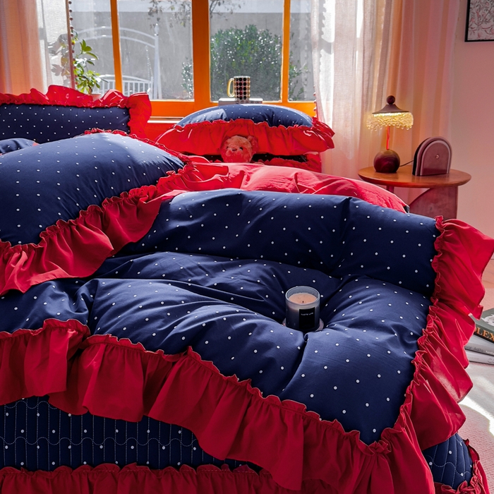 91家纺网 家纺一手货源 找家纺 大麦家纺 2026新款水洗古棉床盖印花四件套 一点点蓝