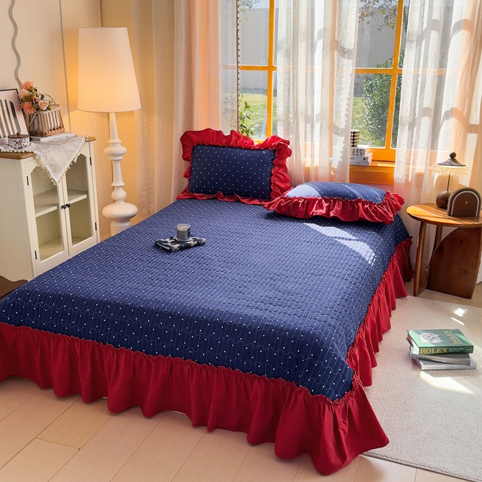 91家纺网 家纺一手货源 找家纺 大麦家纺 2026新款水洗古棉床盖印花四件套 一点点蓝