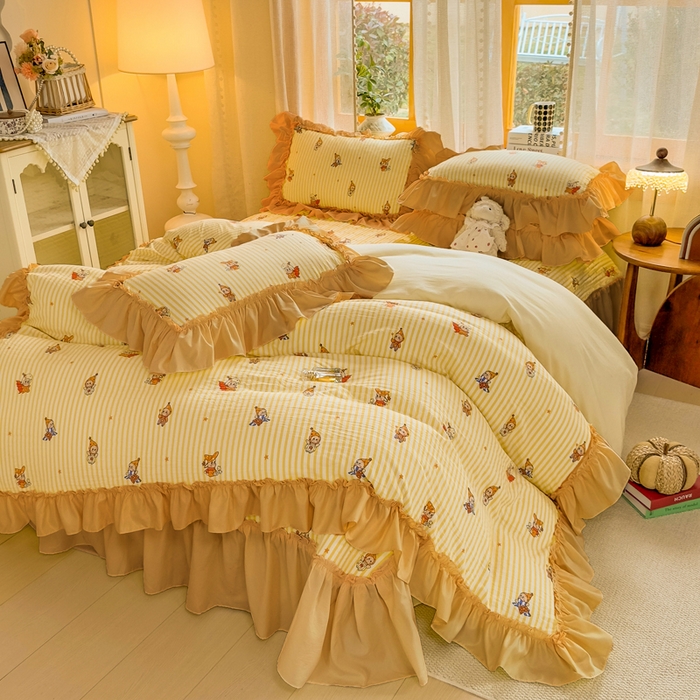 91家纺网 家纺一手货源 找家纺 大麦家纺 2026新款水洗古棉床盖印花四件套 月亮人