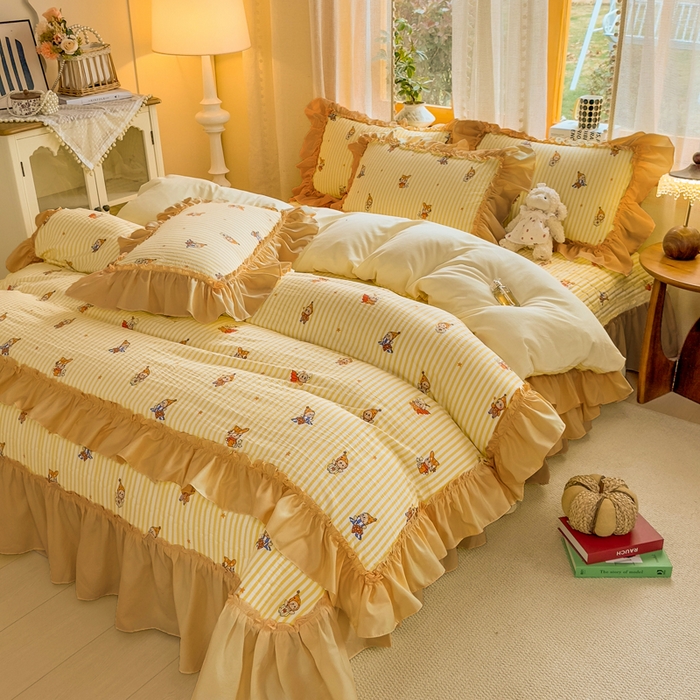 91家纺网 家纺一手货源 找家纺 大麦家纺 2026新款水洗古棉床盖印花四件套 月亮人