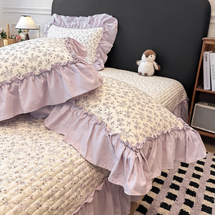 91家纺网 家纺一手货源 找家纺 大麦家纺 2026新款水洗古棉床盖印花四件套 紫苏-白