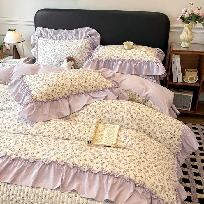 91家纺网 家纺一手货源 找家纺 大麦家纺 2026新款水洗古棉床盖印花四件套 紫苏-白