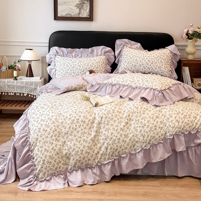 91家纺网 家纺一手货源 找家纺 大麦家纺 2026新款水洗古棉床盖印花四件套 紫苏-白