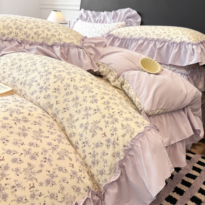 91家纺网 家纺一手货源 找家纺 大麦家纺 2026新款水洗古棉床盖印花四件套 紫苏-白