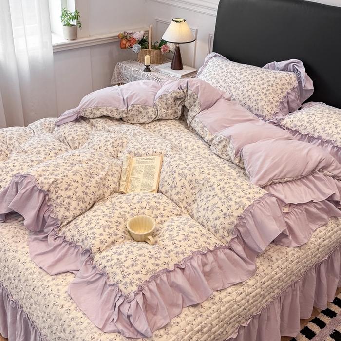 91家纺网 家纺一手货源 找家纺 大麦家纺 2026新款水洗古棉床盖印花四件套 紫苏-白