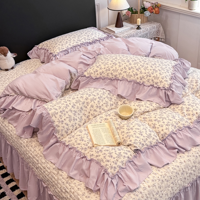 91家纺网 家纺一手货源 找家纺 大麦家纺 2026新款水洗古棉床盖印花四件套 紫苏-白