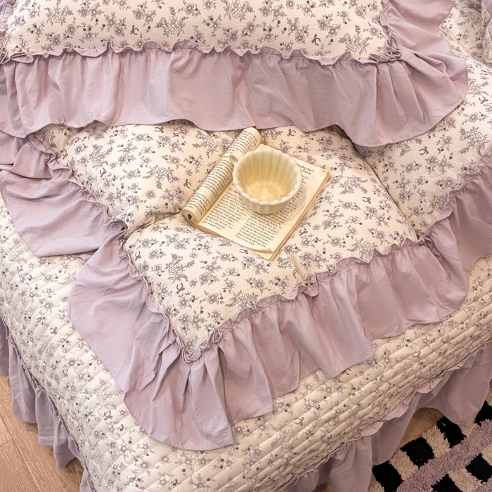 91家纺网 家纺一手货源 找家纺 大麦家纺 2026新款水洗古棉床盖印花四件套 紫苏-白