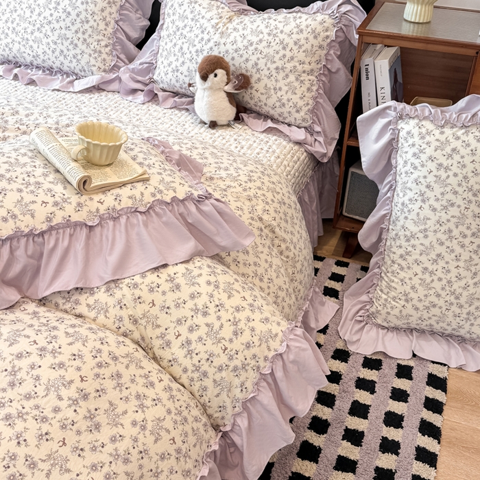 91家纺网 家纺一手货源 找家纺 大麦家纺 2026新款水洗古棉床盖印花四件套 紫苏-白