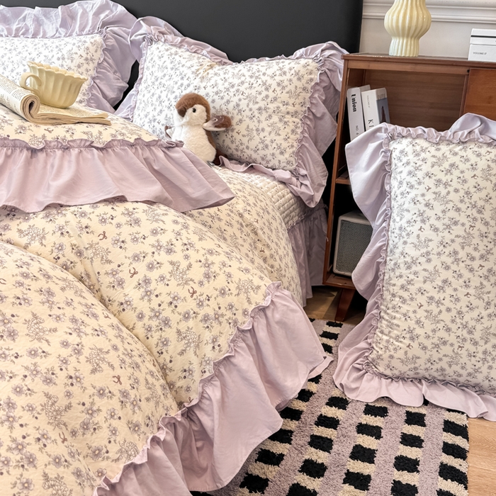 91家纺网 家纺一手货源 找家纺 大麦家纺 2026新款水洗古棉床盖印花四件套 紫苏-白