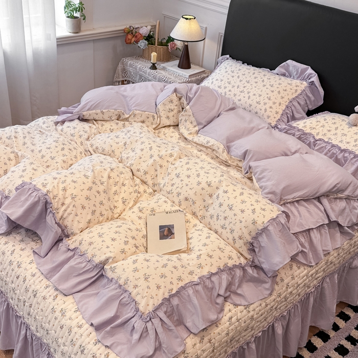 91家纺网 家纺一手货源 找家纺 大麦家纺 2026新款水洗古棉床盖印花四件套 紫苏-黄