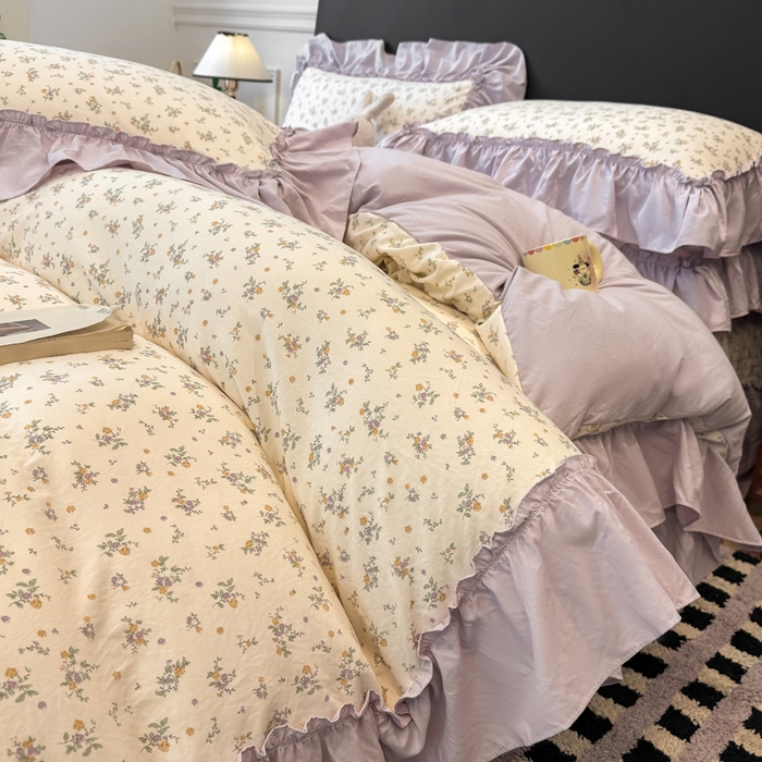 91家纺网 家纺一手货源 找家纺 大麦家纺 2026新款水洗古棉床盖印花四件套 紫苏-黄