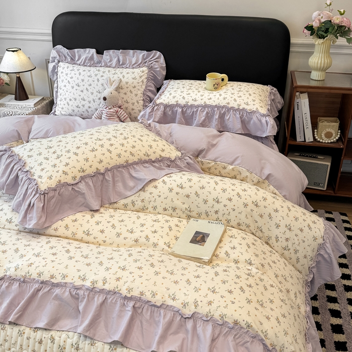 91家纺网 家纺一手货源 找家纺 大麦家纺 2026新款水洗古棉床盖印花四件套 紫苏-黄