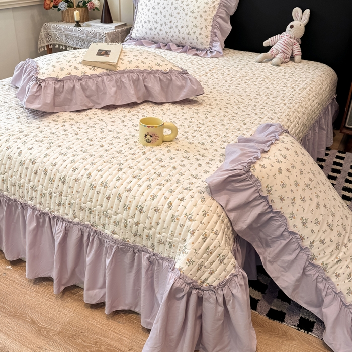 91家纺网 家纺一手货源 找家纺 大麦家纺 2026新款水洗古棉床盖印花四件套 紫苏-黄