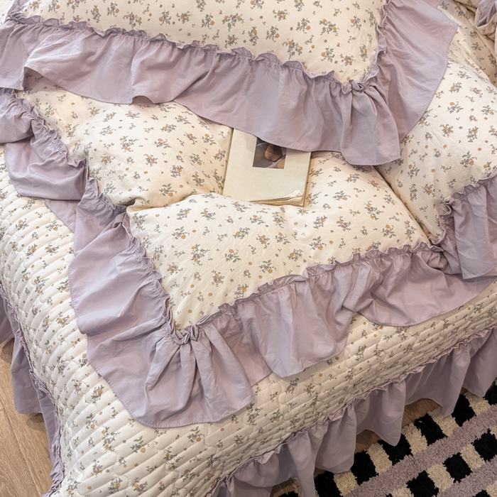 91家纺网 家纺一手货源 找家纺 大麦家纺 2026新款水洗古棉床盖印花四件套 紫苏-黄