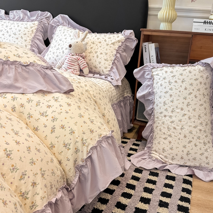 91家纺网 家纺一手货源 找家纺 大麦家纺 2026新款水洗古棉床盖印花四件套 紫苏-黄