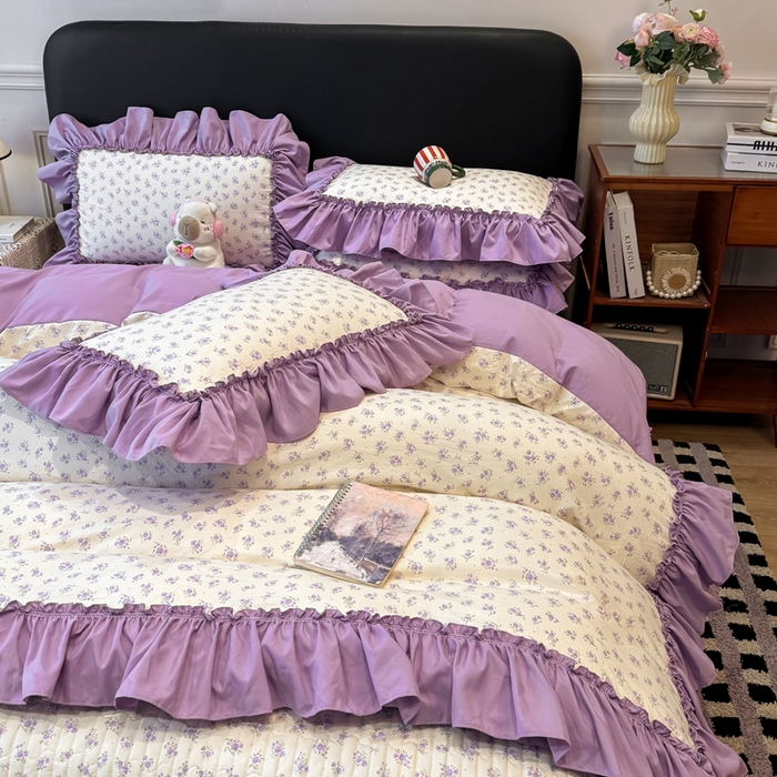 91家纺网 家纺一手货源 找家纺 大麦家纺 2026新款水洗古棉床盖印花四件套 紫鸳