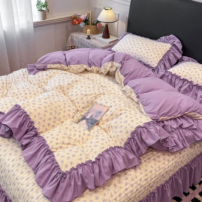 91家纺网 家纺一手货源 找家纺 大麦家纺 2026新款水洗古棉床盖印花四件套 紫鸳