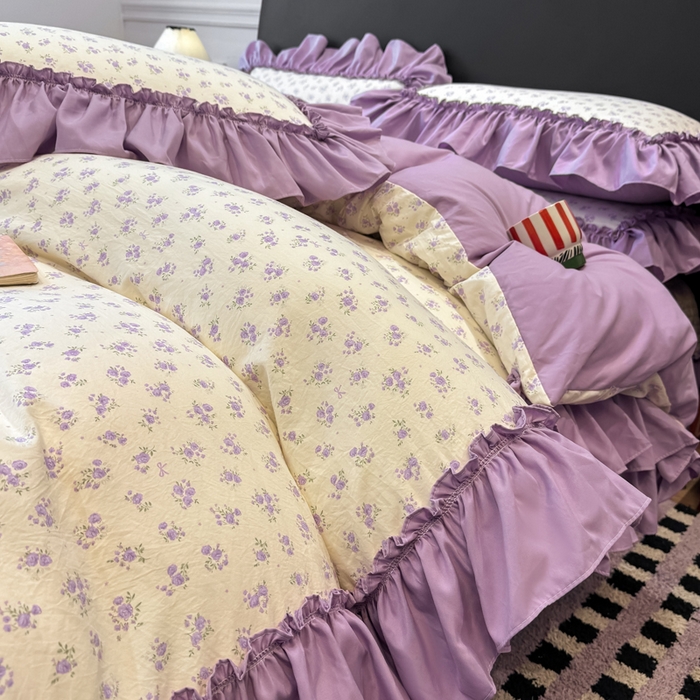 91家纺网 家纺一手货源 找家纺 大麦家纺 2026新款水洗古棉床盖印花四件套 紫鸳