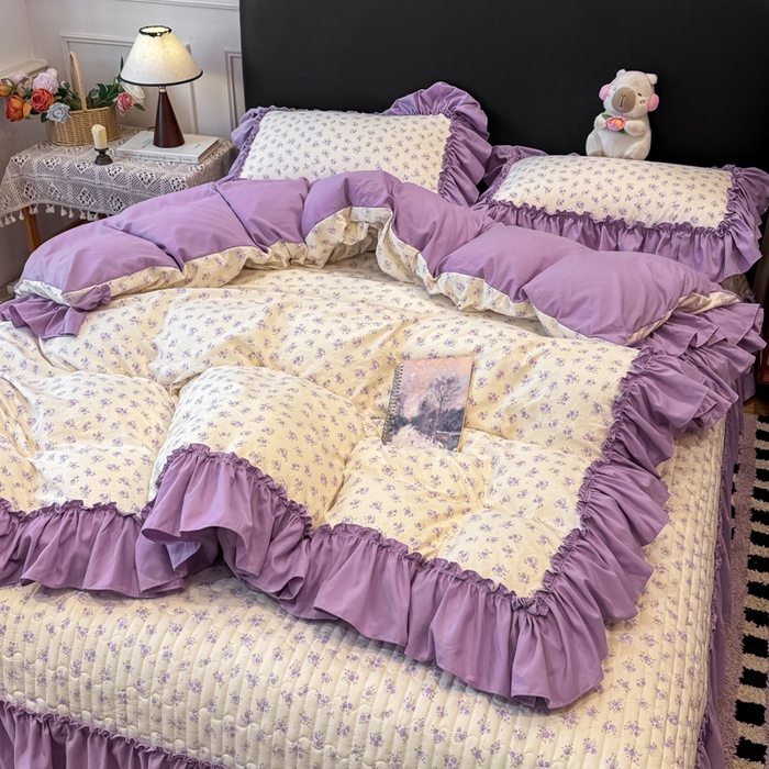 91家纺网 家纺一手货源 找家纺 大麦家纺 2026新款水洗古棉床盖印花四件套 紫鸳