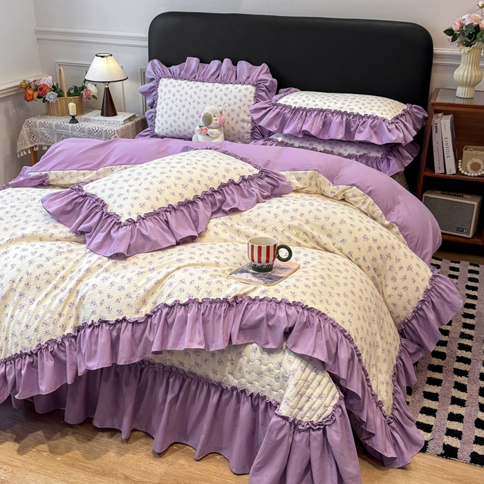 91家纺网 家纺一手货源 找家纺 大麦家纺 2026新款水洗古棉床盖印花四件套 紫鸳