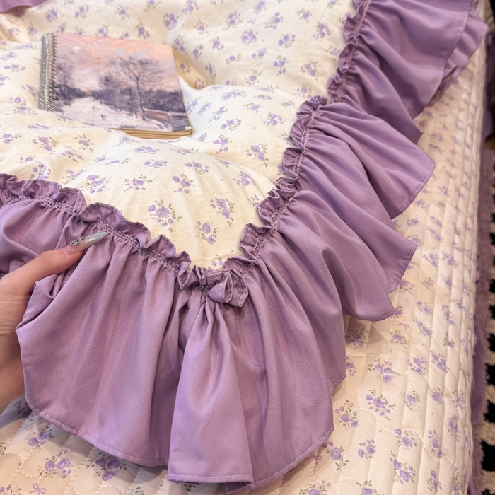 91家纺网 家纺一手货源 找家纺 大麦家纺 2026新款水洗古棉床盖印花四件套 紫鸳