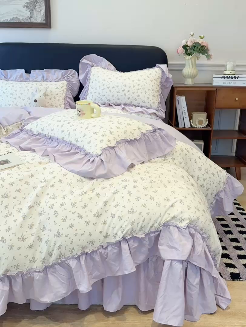 91家纺网 家纺一手货源 找家纺 大麦家纺 2026新款水洗古棉床盖印花四件套 紫苏-黄