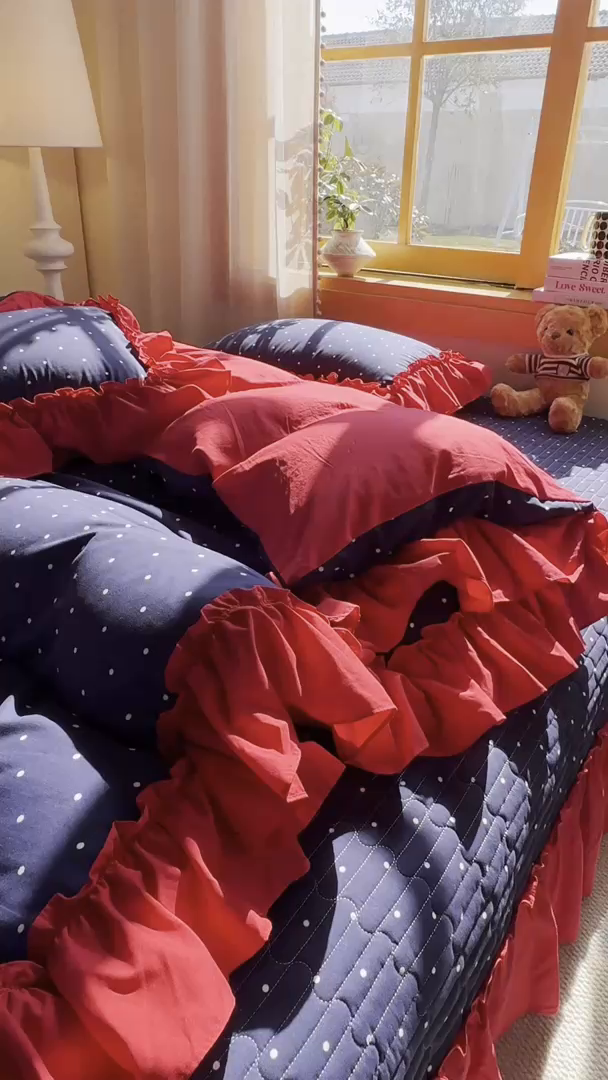 91家纺网 家纺一手货源 找家纺 大麦家纺 2026新款水洗古棉床盖印花四件套 一点点蓝