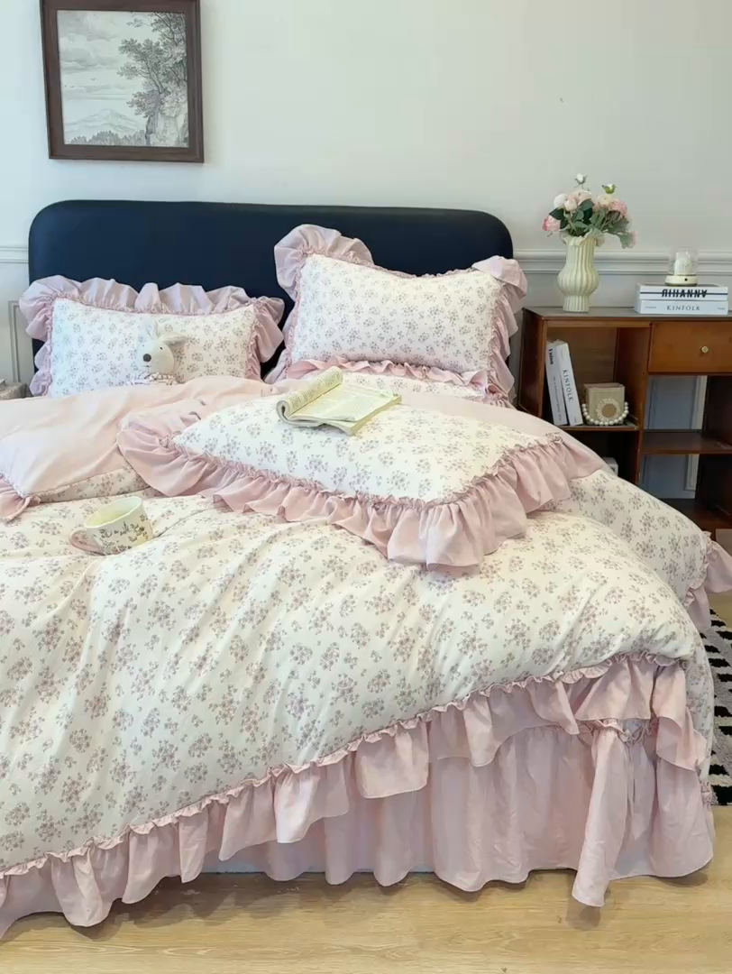 91家纺网 家纺一手货源 找家纺 大麦家纺 2026新款水洗古棉床盖印花四件套 七分甜