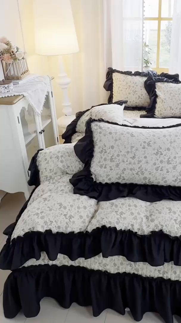 91家纺网 家纺一手货源 找家纺 大麦家纺 2026新款水洗古棉床盖印花四件套 墨芍