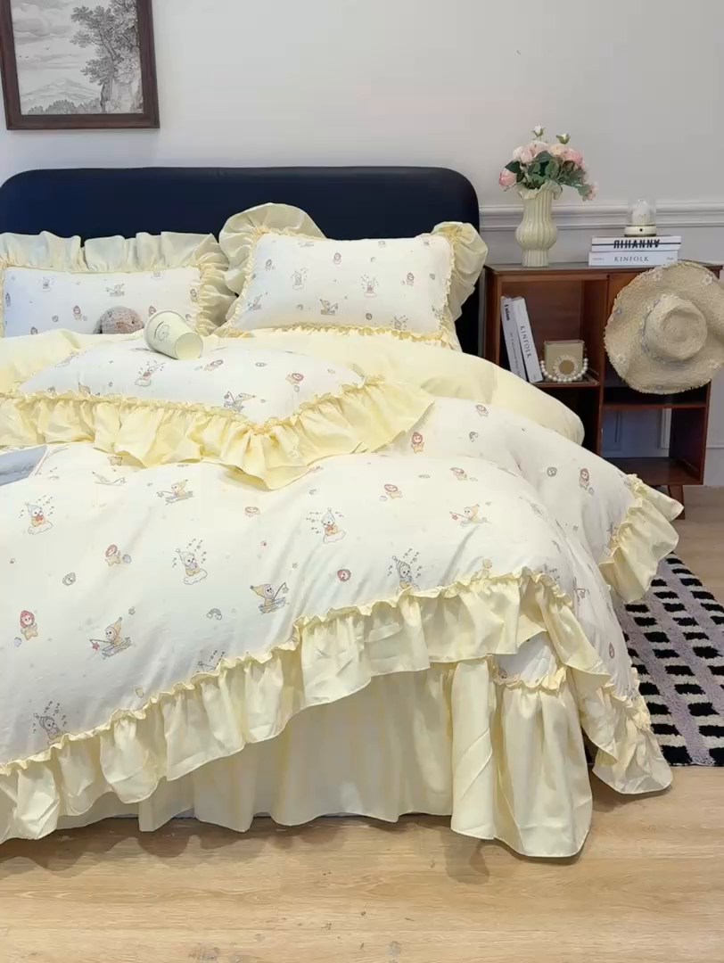 91家纺网 家纺一手货源 找家纺 大麦家纺 2026新款水洗古棉床盖印花四件套 莓果